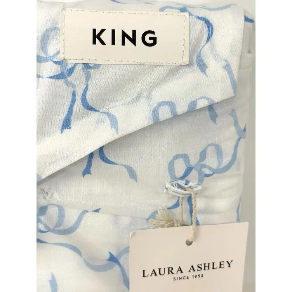 Laura Ashley Blue Trailing Bows King Sheet Set Percale 100% Cotton Ribbons *READ